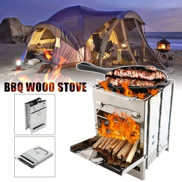 Wood Stove Portable Foldable Stainless Steel Camping Stove With Mini Charcoal Grill Lightweight Barbecue Grill - Image 6