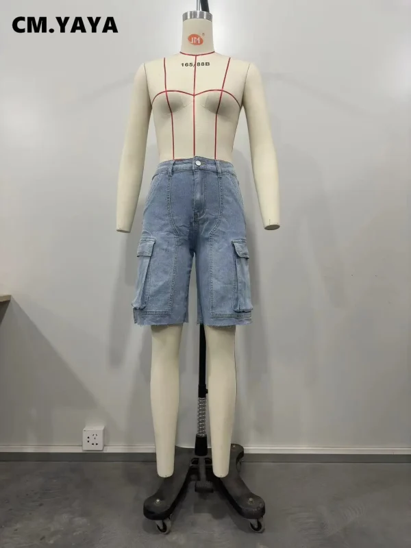CM.YAYA Women Fashion Pocket Side Straight Knee Length Cargo Jeans 2025 Summer Party Street Short Pants - Image 4