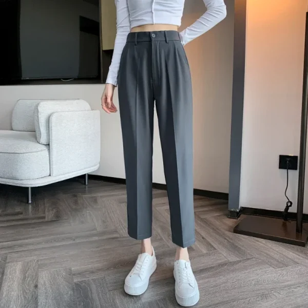 Women's High-Waisted Suit Pants 2024 Spring Summer Solid Button Casual Loose Ankle-Length Khaki Workwear Trousers Women - Image 2