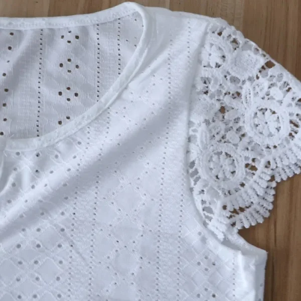 Women Summer Fashion Blouses Tops Lace Patch Buttoned Casual V-Neck Short Sleeve Plain Daily Blusas Shirt Clothes - Image 5