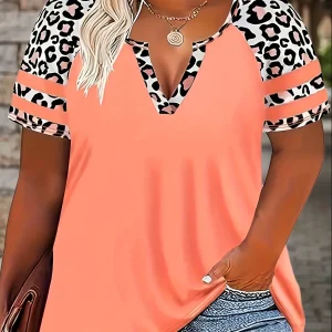 Plus Size Women's Casual Loose Fit Leopard Floral Print Short Sleeve T-Shirt | Oversized Summer Top