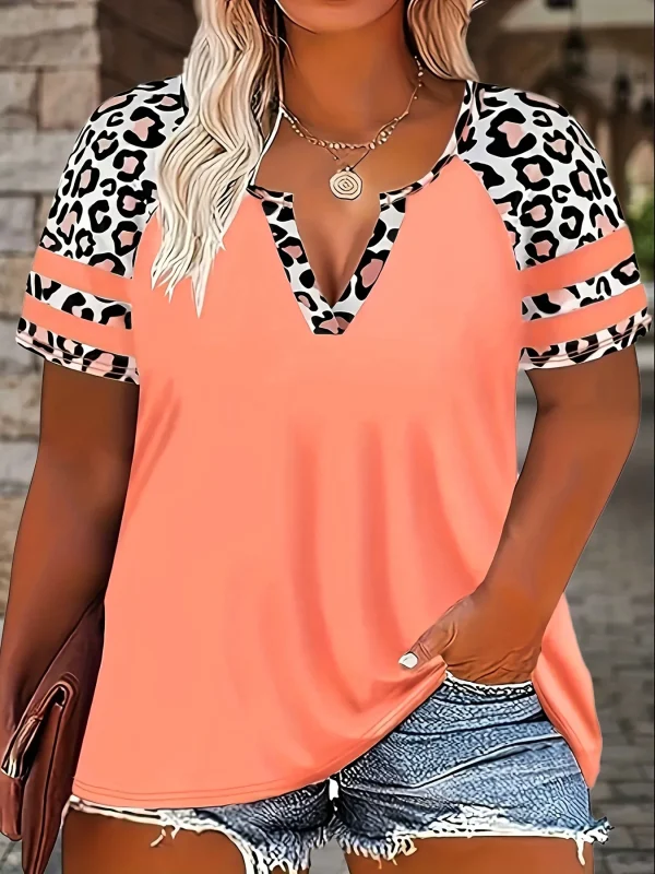Plus Size Women's Casual Loose Fit Leopard Floral Print Short Sleeve T-Shirt | Oversized Summer Top