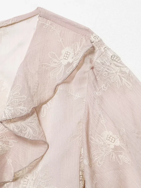 Yaphleet Women Sweet Flower Embroidery V Neck Blouses 2025 Fashion Ladies Ruffles Cascading Short Tops for Female Chic Shirts - Image 3