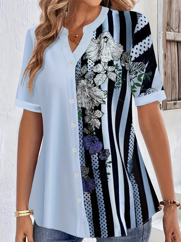 Plus Size Striped Print Blouse, Casual Round Collar Half Sleeve Blouse For Spring, Women's Plus Size Clothing - Image 4