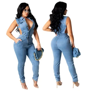 Hollow Denim Ankle Length Pants Women Overalls Spliced Washed Pencil Jeans Vintage Skinny Jean One Piece Button Sexy 2024