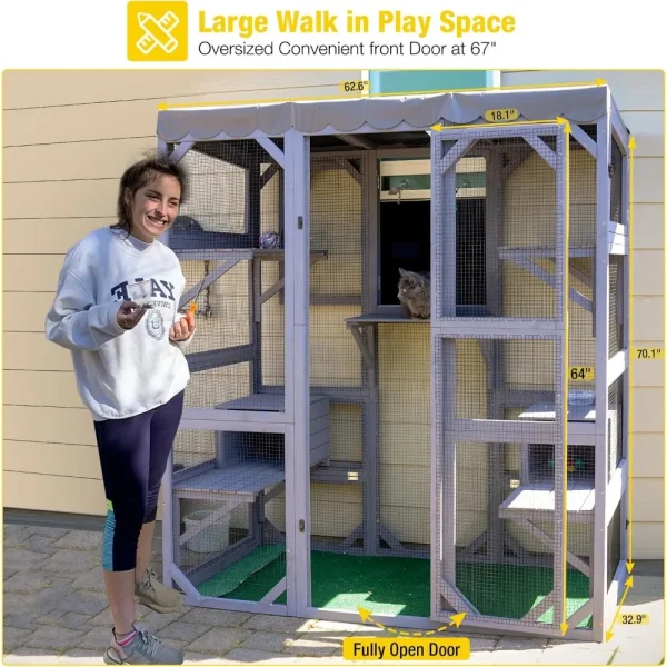 Cat House Outdoor Catio Kitty Enclosure with Super Large Enter Door,Wooden Cat Cage Condo Indoor Playpen with Platform - Image 3