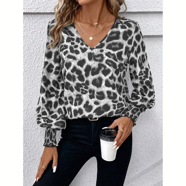 Mia Muse Women's Blouses Autumn Winter Simple Fitting Slim Leopard Long Sleeve V-Neck High Street Blouses - Image 7