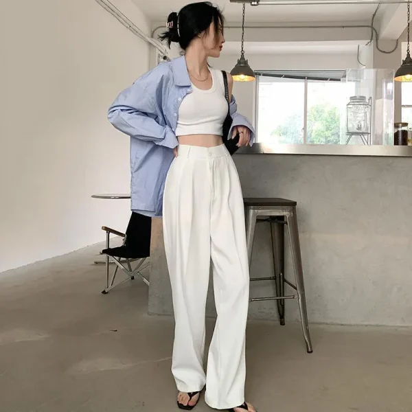 Summer Women's Draped Suit Pants Korean Style High-Waisted Button Casual Pants 2025 New Black White Baggy Office Lady Trousers - Image 4