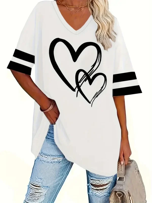 2024 Plus Size Heart & Stripe Print T-Shirt Casual Short Sleeve Top For Spring & Summer Women's Plus Size Clothing - Image 5
