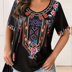 Plus Size Women's T-Shirt Boho Harajuku Graphic Print Summer Short Sleeve Casual Tops Street Fashion T-Shirt Female Clothing