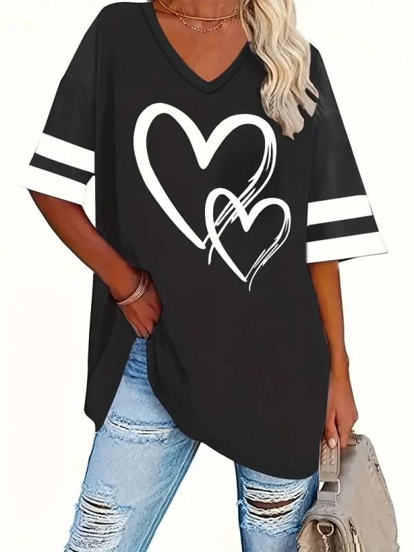 2024 Plus Size Heart & Stripe Print T-Shirt Casual Short Sleeve Top For Spring & Summer Women's Plus Size Clothing - Image 6