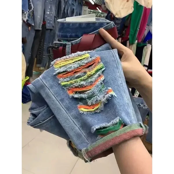 Women's Straight Cylinder Pants 2024 Spring Hole High Waisted Ladies Pants Versatile Fashion Loose Femme Denim Cropped Pants - Image 5
