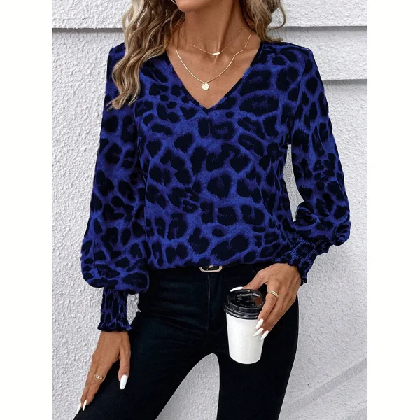 Mia Muse Women's Blouses Autumn Winter Simple Fitting Slim Leopard Long Sleeve V-Neck High Street Blouses - Image 9