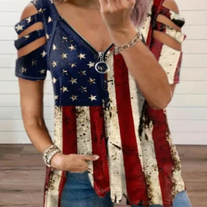 Plus Size Europe and the United States and The United States Cross Border New Women's Printed V-neck Casual T-shirt