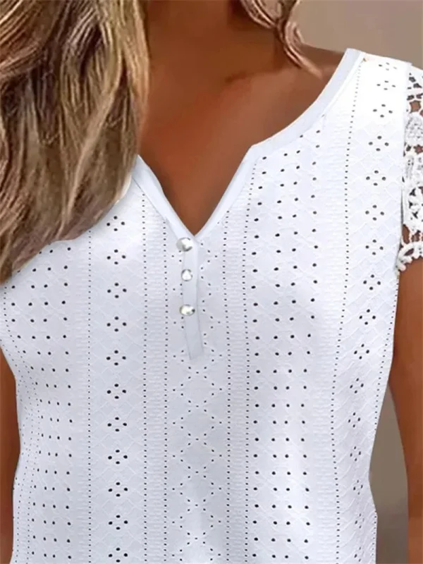 Women Summer Fashion Blouses Tops Lace Patch Buttoned Casual V-Neck Short Sleeve Plain Daily Blusas Shirt Clothes - Image 2