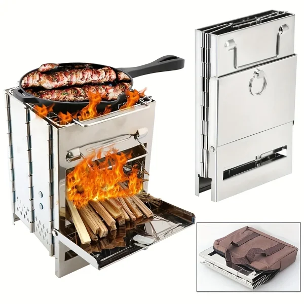 Wood Stove Portable Foldable Stainless Steel Camping Stove With Mini Charcoal Grill Lightweight Barbecue Grill - Image 3