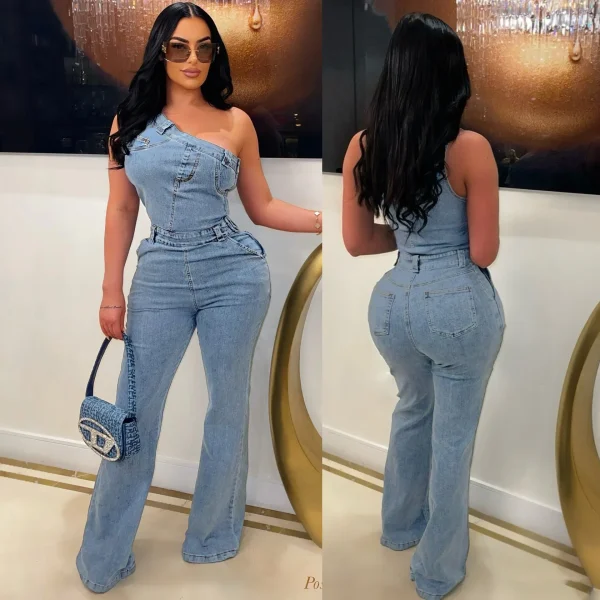 Flare Denim Pants Full Length Women Jeans One Piece Overalls Spliced Solid Jumpsuits Loose Pockets High Waist Basics Washed - Image 3