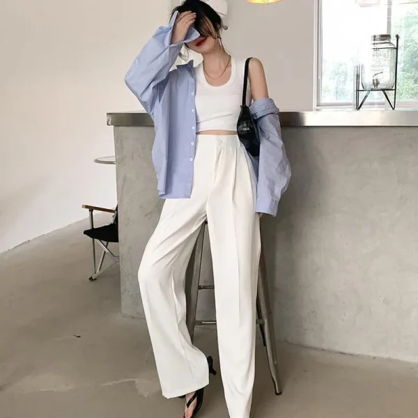 Summer Women's Draped Suit Pants Korean Style High-Waisted Button Casual Pants 2025 New Black White Baggy Office Lady Trousers - Image 2