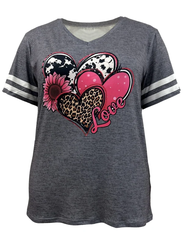 2024 Plus Size Spring/Summer New Love Print Casual Fashion Women's V-Neck Short-Sleeved Loose T-Shirt 5XL  6XL - Image 3