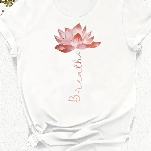 Plus Size Lotus Graphic Print T-shirt Short Sleeve Crew Neck Casual Top For Summer & Spring Women's Plus Size Clothing - Image 3