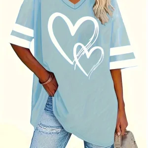 2024 Plus Size Heart & Stripe Print T-Shirt Casual Short Sleeve Top For Spring & Summer Women's Plus Size Clothing