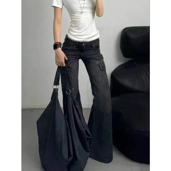 Black Womens Jeans High Waist Vintage Straight Winter Denim Pants Street Multiple Pockets American Wide Leg Baggy Denim Trouser - Image 4