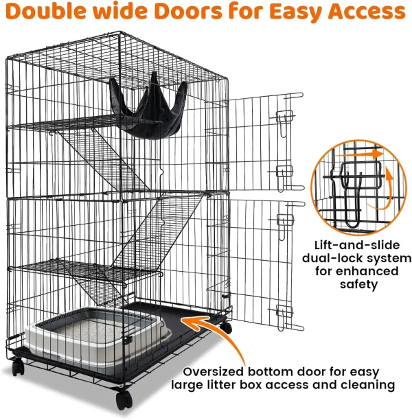 Pet 50 Inch Cat Crates for Indoor Cats, Large  Cat Cages Indoor, Collapsible Metal Wire Cat Kennel Big Multi-Level Cat Cage - Image 4