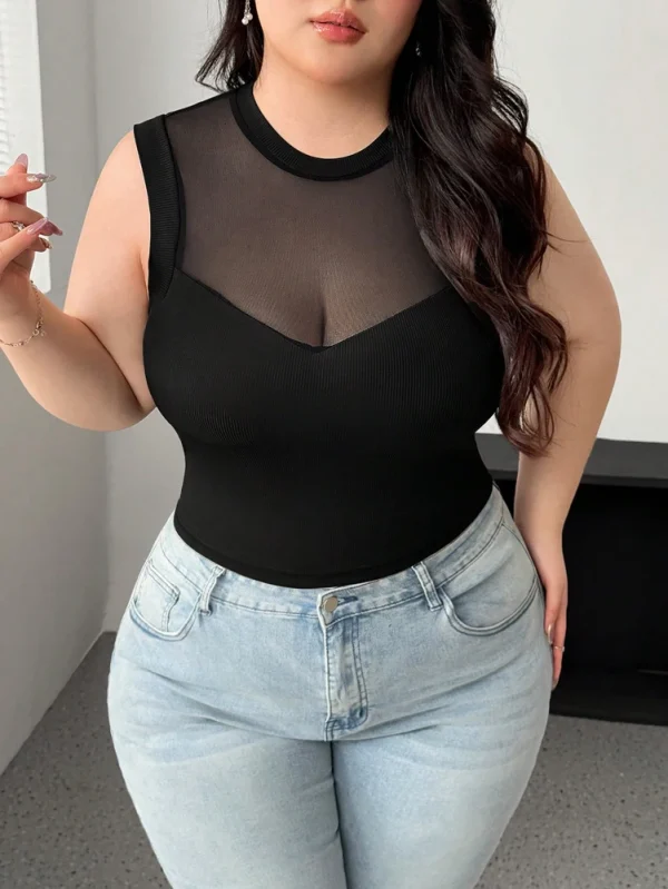 Plus Size Women's 2025 Summer New Sleeveless Round Neck Mesh See Through Sexy Mesh Splicing Black Blouse T Shirt Polyester - Image 5