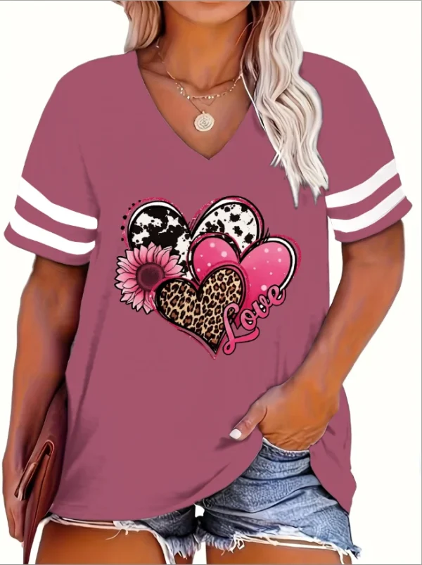 2024 Plus Size Spring/Summer New Love Print Casual Fashion Women's V-Neck Short-Sleeved Loose T-Shirt 5XL  6XL - Image 4