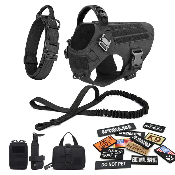Military Large Dog Harness Collar Leash Bags Patches Set Pet Malinois Training Vests Tactical Dogs Harnesses Accessories