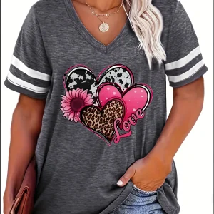 2024 Plus Size Spring/Summer New Love Print Casual Fashion Women's V-Neck Short-Sleeved Loose T-Shirt 5XL  6XL