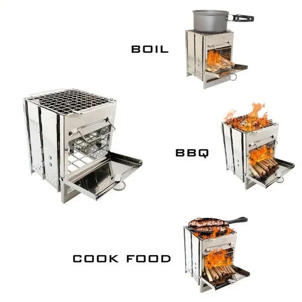 Wood Stove Portable Foldable Stainless Steel Camping Stove With Mini Charcoal Grill Lightweight Barbecue Grill - Image 5