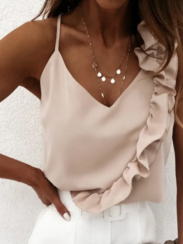 Women Summer Blouse Shirts Sexy V Neck Ruffle Blouses Backless Spaghetti Strap Office Ladies Sleeveless Casual Tops - Image 6