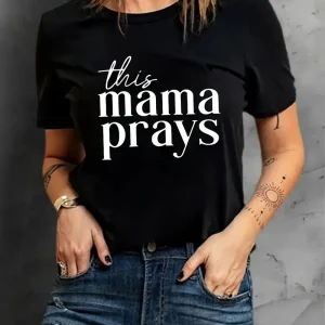 Plus Size Mama Prays Print Crew Neck T-shirt - Casual Short Sleeve Top Women's Clothing - Comfortable and Stylish Tee for Everyd