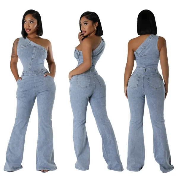 Flare Denim Pants Full Length Women Jeans One Piece Overalls Spliced Solid Jumpsuits Loose Pockets High Waist Basics Washed - Image 4