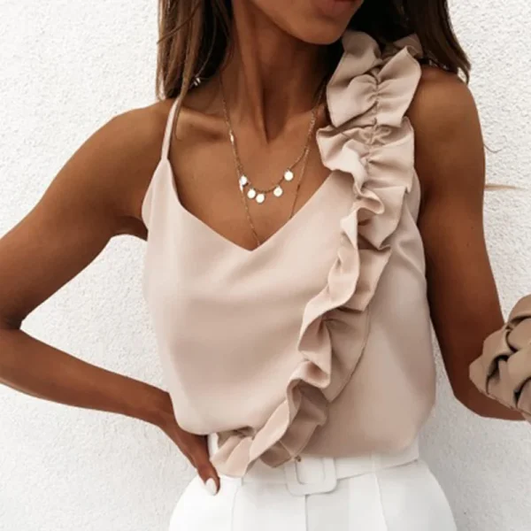 Women Summer Blouse Shirts Sexy V Neck Ruffle Blouses Backless Spaghetti Strap Office Ladies Sleeveless Casual Tops - Image 7