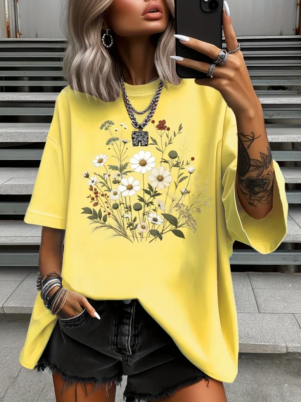 Summer Plus Size Fashion Women's T-Shirt Original Design Butterfly Flower Printed Women's Casual Round Neck Short Sleeved Tops