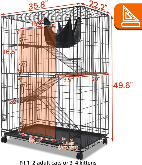 Pet 50 Inch Cat Crates for Indoor Cats, Large  Cat Cages Indoor, Collapsible Metal Wire Cat Kennel Big Multi-Level Cat Cage