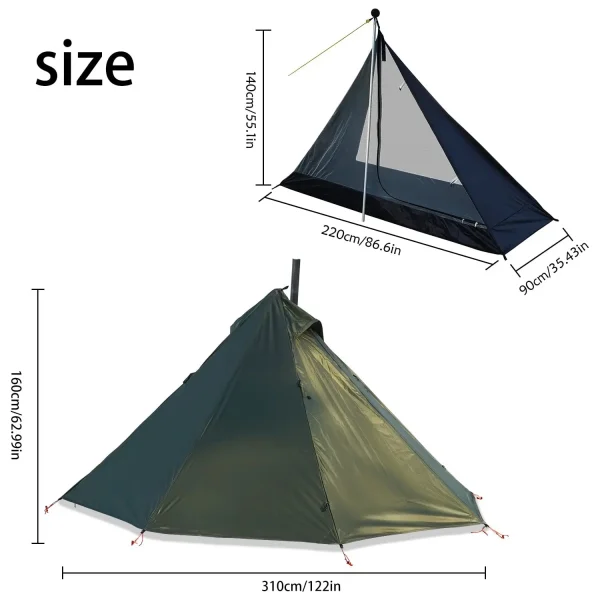 Camping Hot Tent with Chimney Window Outdoor Ultralight Tipi Teepee Tent Pyramid Double Layer Bushcraft 1 Person Tents Hot Tent - Image 4