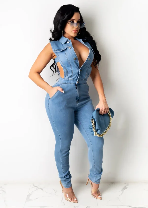 Hollow Denim Ankle Length Pants Women Overalls Spliced Washed Pencil Jeans Vintage Skinny Jean One Piece Button Sexy 2024 - Image 4