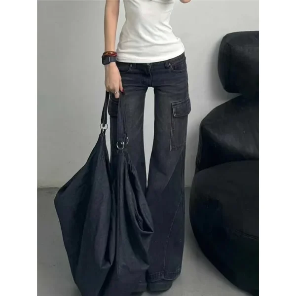 Black Womens Jeans High Waist Vintage Straight Winter Denim Pants Street Multiple Pockets American Wide Leg Baggy Denim Trouser - Image 2