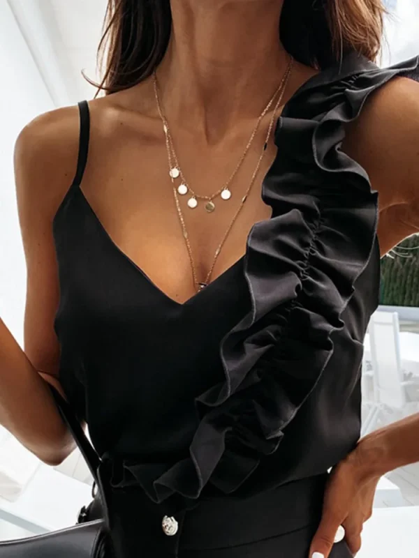 Women Summer Blouse Shirts Sexy V Neck Ruffle Blouses Backless Spaghetti Strap Office Ladies Sleeveless Casual Tops - Image 3