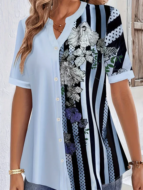 Plus Size Striped Print Blouse, Casual Round Collar Half Sleeve Blouse For Spring, Women's Plus Size Clothing - Image 7