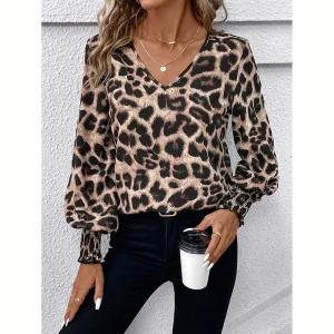 Mia Muse Women's Blouses Autumn Winter Simple Fitting Slim Leopard Long Sleeve V-Neck High Street Blouses