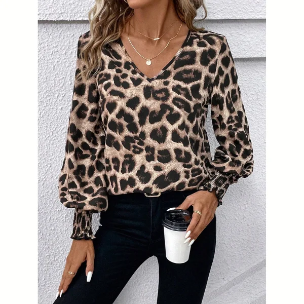 Mia Muse Women's Blouses Autumn Winter Simple Fitting Slim Leopard Long Sleeve V-Neck High Street Blouses
