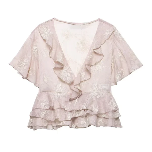 Yaphleet Women Sweet Flower Embroidery V Neck Blouses 2025 Fashion Ladies Ruffles Cascading Short Tops for Female Chic Shirts - Image 7