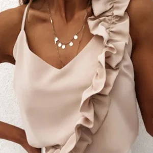 Women Summer Blouse Shirts Sexy V Neck Ruffle Blouses Backless Spaghetti Strap Office Ladies Sleeveless Casual Tops