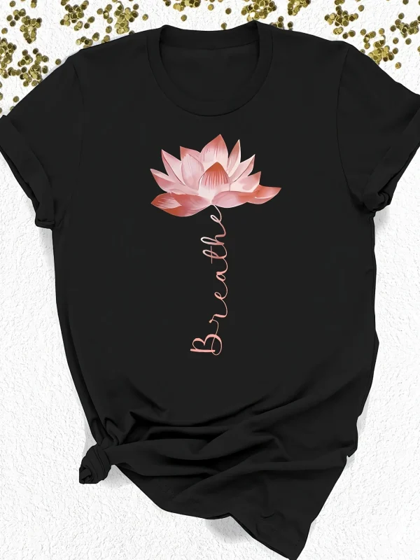 Plus Size Lotus Graphic Print T-shirt Short Sleeve Crew Neck Casual Top For Summer & Spring Women's Plus Size Clothing