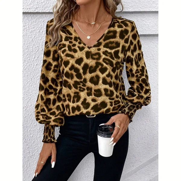 Mia Muse Women's Blouses Autumn Winter Simple Fitting Slim Leopard Long Sleeve V-Neck High Street Blouses - Image 10