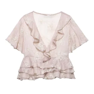 Yaphleet Women Sweet Flower Embroidery V Neck Blouses 2025 Fashion Ladies Ruffles Cascading Short Tops for Female Chic Shirts